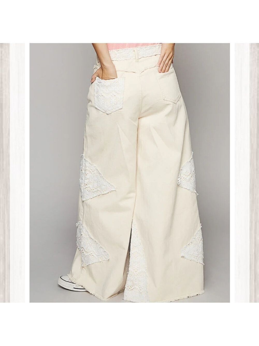 Women's POL Cream Wide-Leg Jeans with Lace/Crochet Accents - Picture 3 of 12